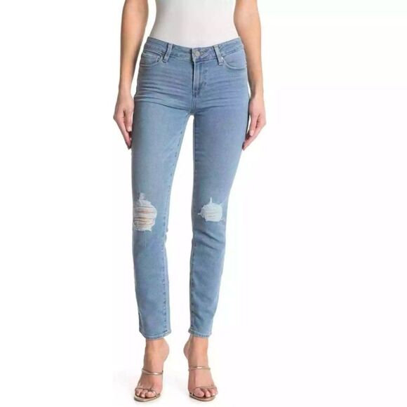 Paige Skyline Ankle Peg Ella Destructed Jeans Blue Size 26 Mid Rise Stretch - Picture 1 of 15